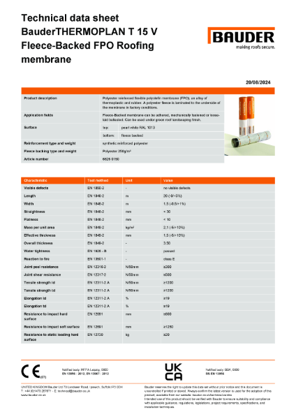 BauderTHERMOPLAN T 15 V Fleeced-Backed FPO Roofing membrane (Pearl White)