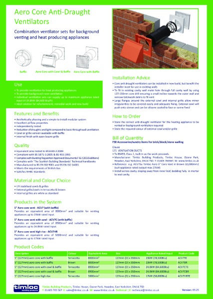 Aero Core Anti-Draught Ventilators Datasheet