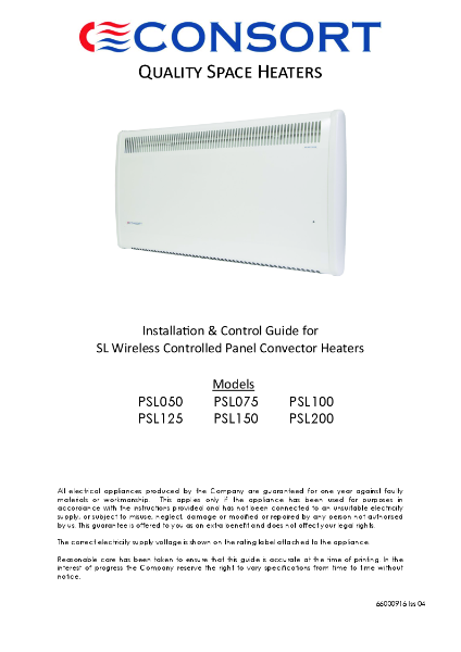 PSL Panel Heater user instructions