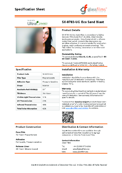 SX-8783-UG Eco Sand Blast Window Film - Product Data Sheet