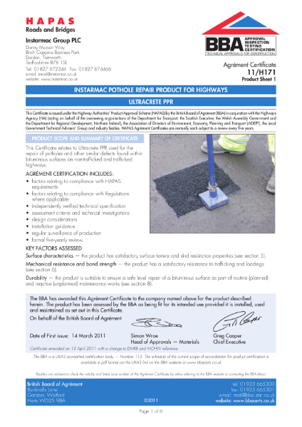 11/H171 Instarmac pothole repair product for highways