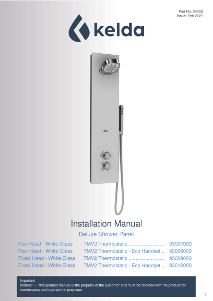 Kelda Showers - Installation Manual - Deluxe Shower Panel