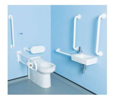 Twyford Avalon Set Of Floor-Standing WC, Back-To-Wall, Rimfree, With WC Seat Ring, Handrinse Basin, Tap, Handles, Pull-Down Rail And Backrest