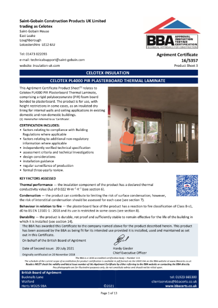 PL4000 plasterboard laminate BBA certificate