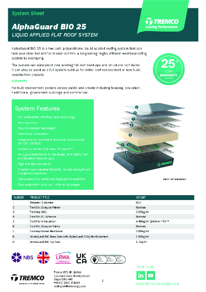 Tremco Roofing - AlphaGuard BIO 25 System Sheet