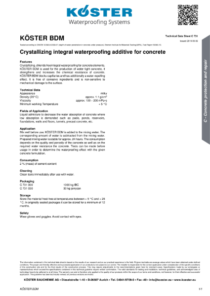 Koster BDM - Waterproof Concrete Admixture - TDS