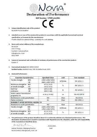 Novia FR Pro A1 Class A1 Fire rated Wall / Breather / Facade membrane
