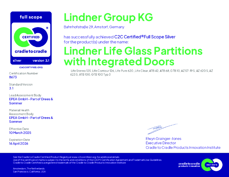 Lindner Life Glass Partitions with Integrated Doors - Cradle to Cradle Certified® Silver