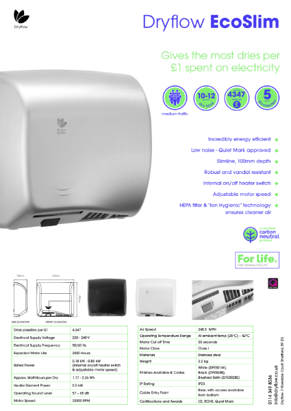 Hand Dryer Spec Sheet - Dryflow® EcoSlim HEPA Hand Dryer With Ioniser