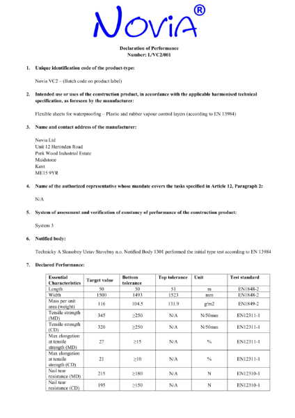 Novia VC2 Air and Vapour Control Layer Declaration of Performance