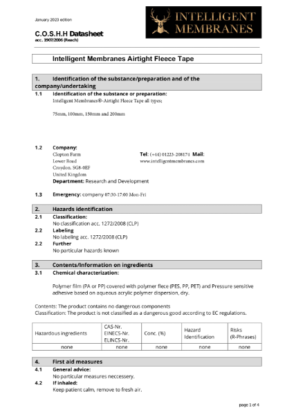 Intelligent Membranes Airtight Fleece Tape COSHH Sheet