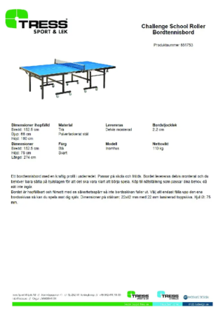 Produktdatablad Challenge School Roller Bordtennisbord