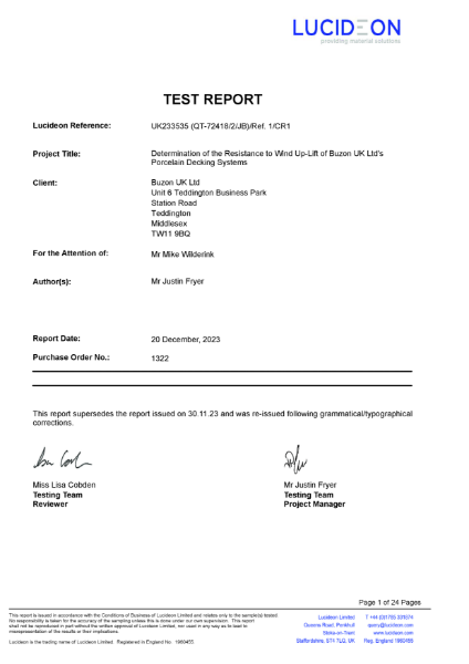 Wind Uplift Test Certificate