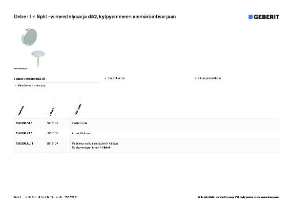 Geberit pop-up viimeistelysarja Datablad