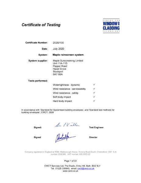 CWCT Testing Certificate