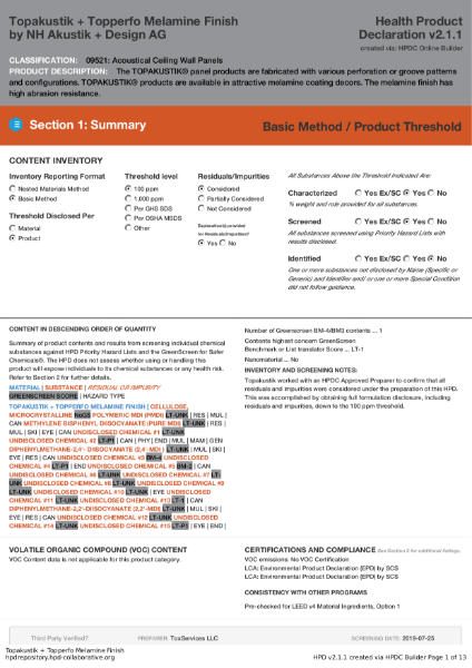 Health Product Declaration (HPD) Melamine