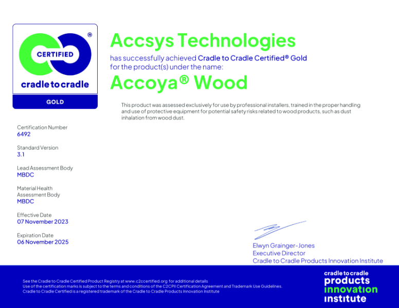 Accoya Sustainable Crade to Cradle Gold Certification