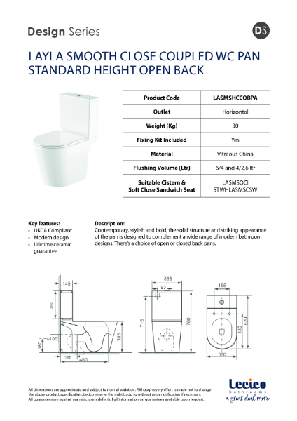 LAYLA SMOOTH CLOSE COUPLED WC PAN STANDARD HEIGHT OPEN BACK