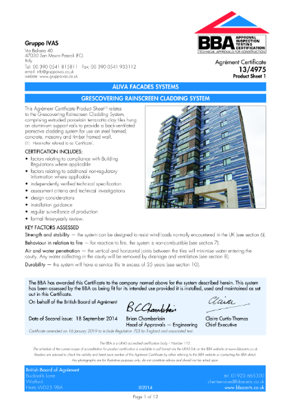 BBA 13/4975 Product Sheet 1 Grescovering rainscreen cladding system