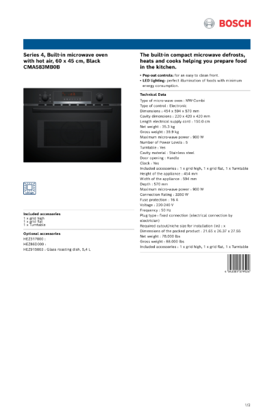 Series 4, Built-in microwave oven with hot air, 60 x 45 cm, Black CMA583MB0B