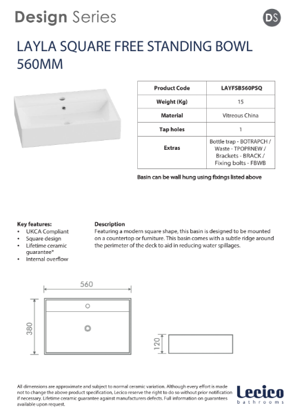 Layla Square Free Standing Bowl 560mm 1 Taphole