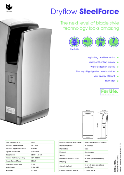 Hand Dryer Spec Sheet - Dryflow® SteelForce Stainless Steel HEPA Hand Dryer