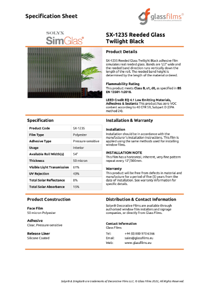 SX-1235 Reeded Glass Twilight Black Specification Sheet