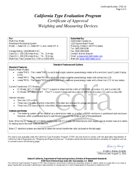 i-meter MF Series - Certificate of Approval Weighing and Measuring Devices