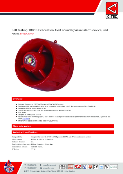 Datasheet for C-TEC's BF433C/EA/SR Self testing 100dB Evacuation Alert Sounder/V