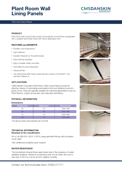 Plant Room Wall Lining - Technical Data Sheet