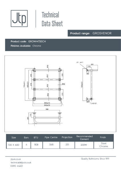 Grosvenor Towel Rail Radiators – Product Data Sheet