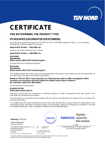 ImpactSAFE Bolt Down Heavy Duty Bollard - PAS 13 Test Certificate - TÜV NORD