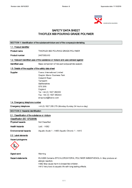 Thioflex 600 Pouring Grade Polymer Safety Datasheet