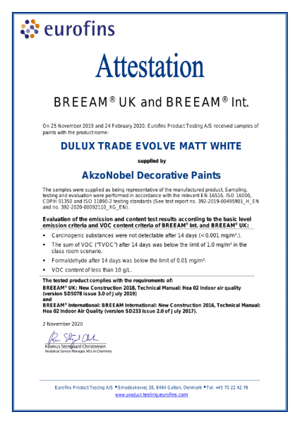 Dulux Trade Evolve BREAM Attestation