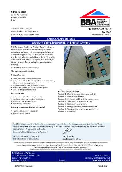 BBA Carea Grooved horizontal cladding system certificate 07/4429 Product Sheet 1 Issue 3
