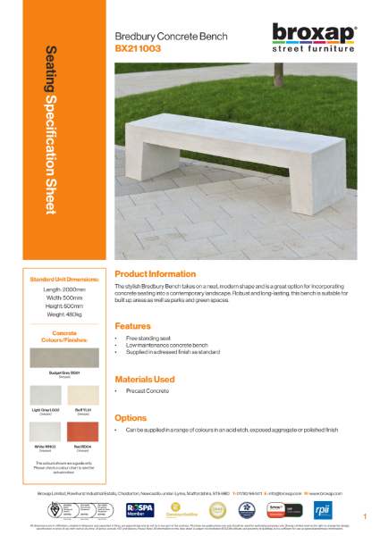 Bredbury Bench Specification Sheet