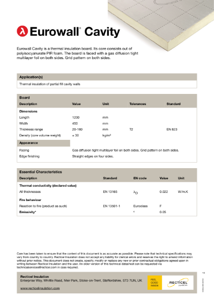 Eurowall Cavity technical datasheet