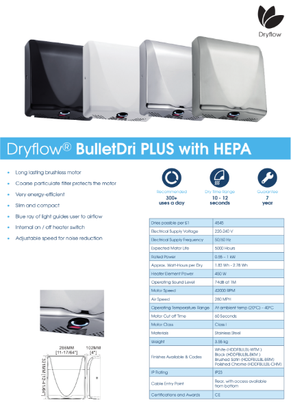 Hand Dryer Spec Sheet - Dryflow BulletDri Plus with HEPA Hand Dryer