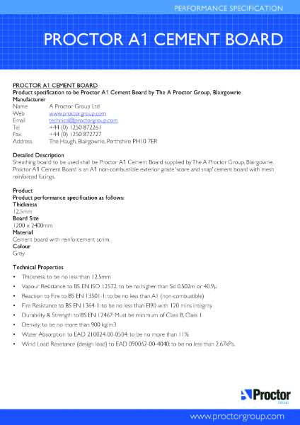 Proctor A1 Cement Board – Product Data Sheet