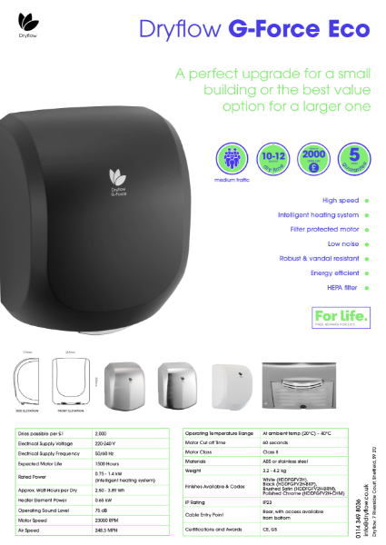 Hand Dryer Spec Sheet - Dryflow® G-Force Eco HEPA Hand Dryer