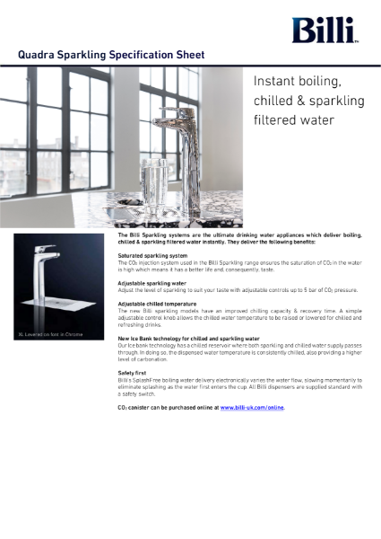 Billi Quadra Sparkling - Filtered Water System - Data Sheet