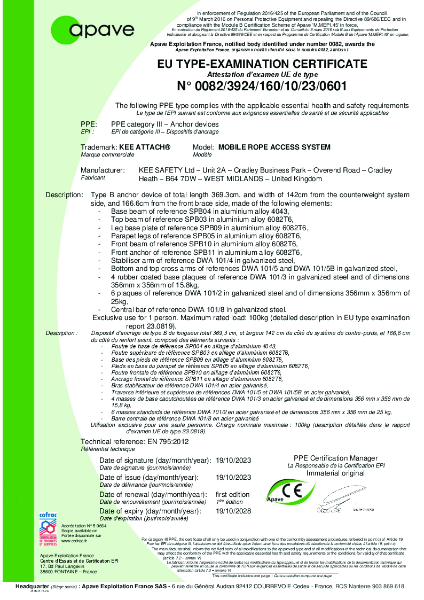 Kee Attach - EN 795:2012 - EU-Type Examination Certificate