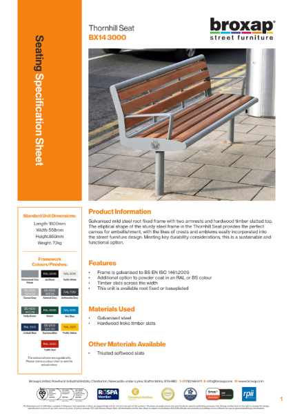 Thornhill Seat Specification Sheet