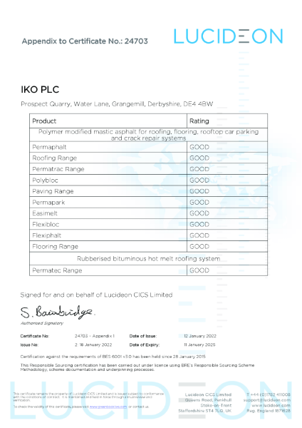 IKO PLC BES 6001 Site Certificate - Grangemill