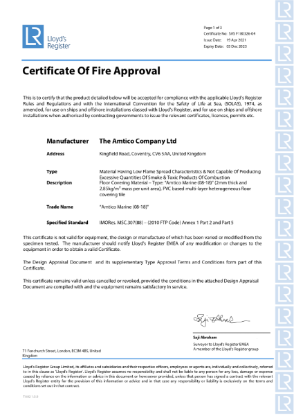 Marine Fire Approval Certificate 