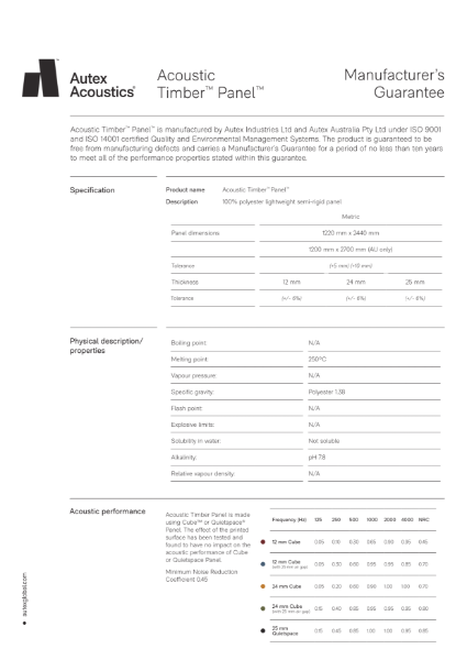 Acoustic Timber Panel Manufacturer's Guarantee