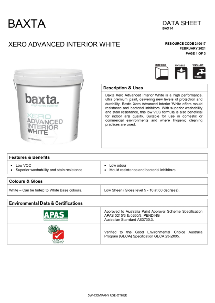 BAX 14 Xero Advanced interior white TDS