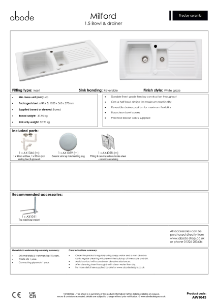 AW1043 Milford. Ceramic Inset Sink & Drainer (1.5 Bowl) - Consumer Specification