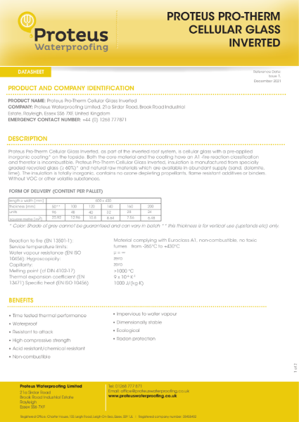 Product Data Sheet - Proteus Pro-Therm Cellular Glass (Inverted)