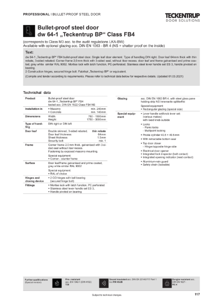 Bullet-Proof Steel Door (Technical Data)